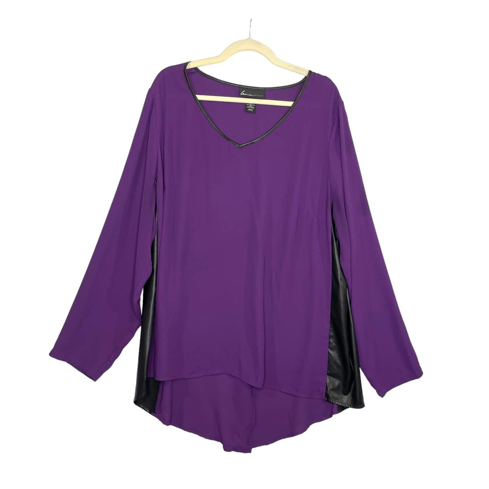 Lane Bryant Plus Size 24 Blouse V-Neck Long Sleeve Split Back Faux Leather Panel